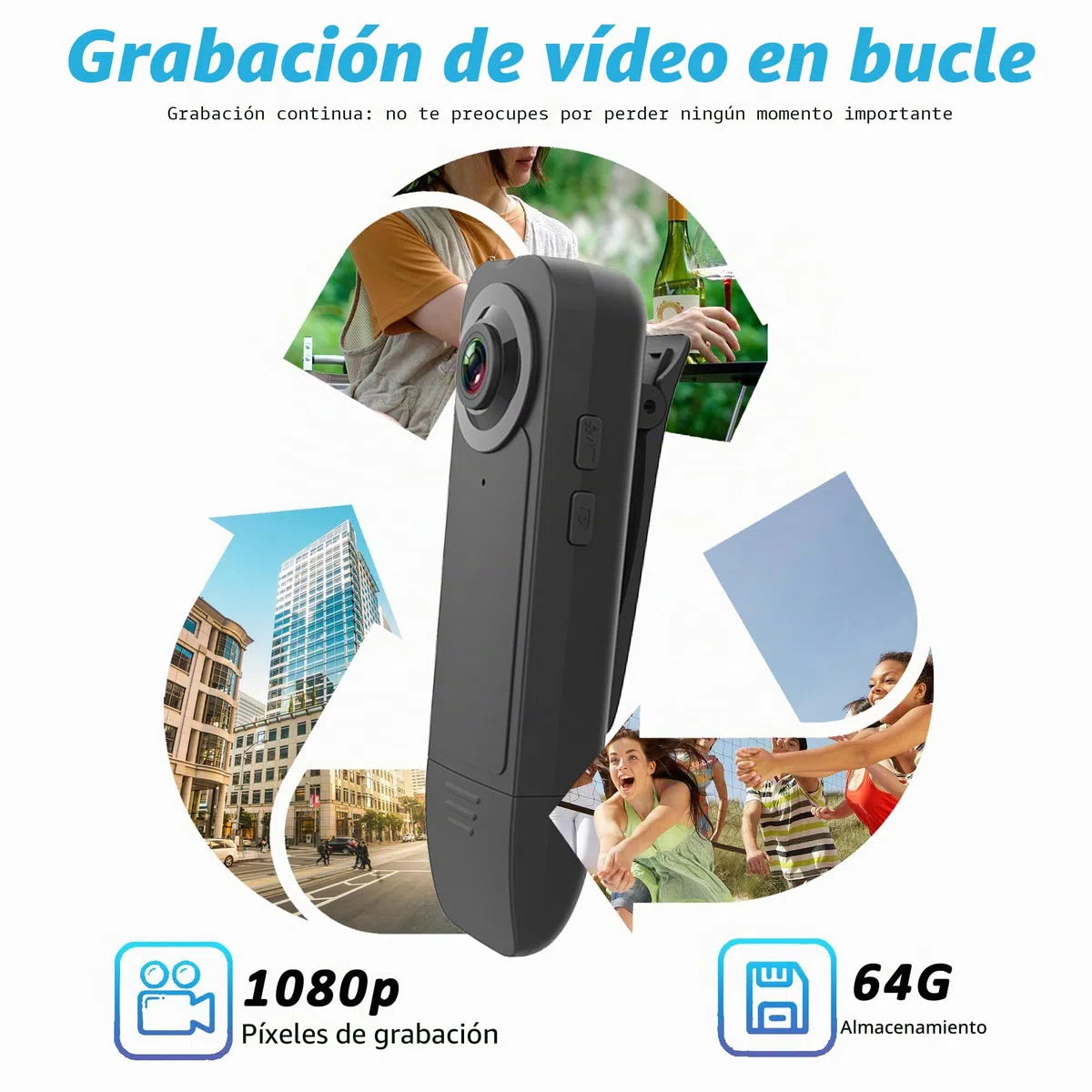 Mini Cámara Corporal con Grabación de Audio y Video - Pequeña Cámara POV 1080P con Tarjeta de 64G - Cámaras Personales Portátiles y Usables para Grabación DV - Cámara Nocturna para Seguridad, Trabajo