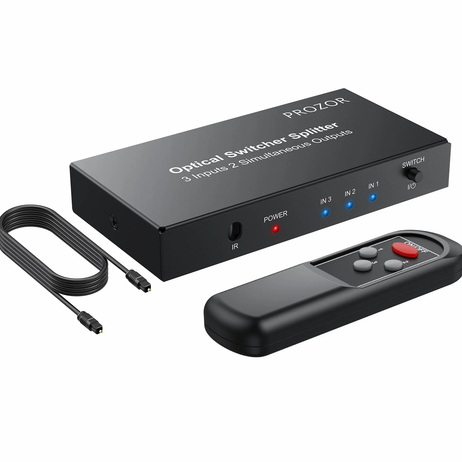 PROZOR Divisor Óptico 3 Entradas 2 Salidas SPDIF Toslink, Conmutador Splitter con Control Remoto IR Divisor de Audio Aleación de Aluminio Compatible con LPCM2.0 DTS Dolby-AC3 para Soundbar Blu-Ray PS4