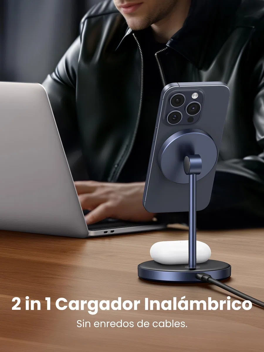 UGREEN MagFlow Cargador Inalámbrico 2 en 1, Estación de Carga Magnética para Airpods, Soporte para Móvil Compatible coniPhone 17 Pro MAX Air/16/15/14/13/12 Series, AirPods Pro 2/3