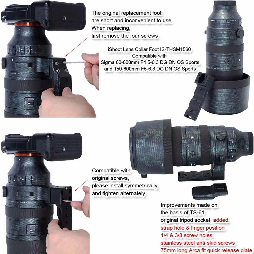 Soporte de soporte de anillo de soporte para trípode de pie compatible con Sigma 150-600 mm f/5-6.3 (DG DN OS Sports) (DG OS HSM Sports); 60-600 mm f/4.5-6.3 (DG DN OS Sports) (DG OS HSM Sports)