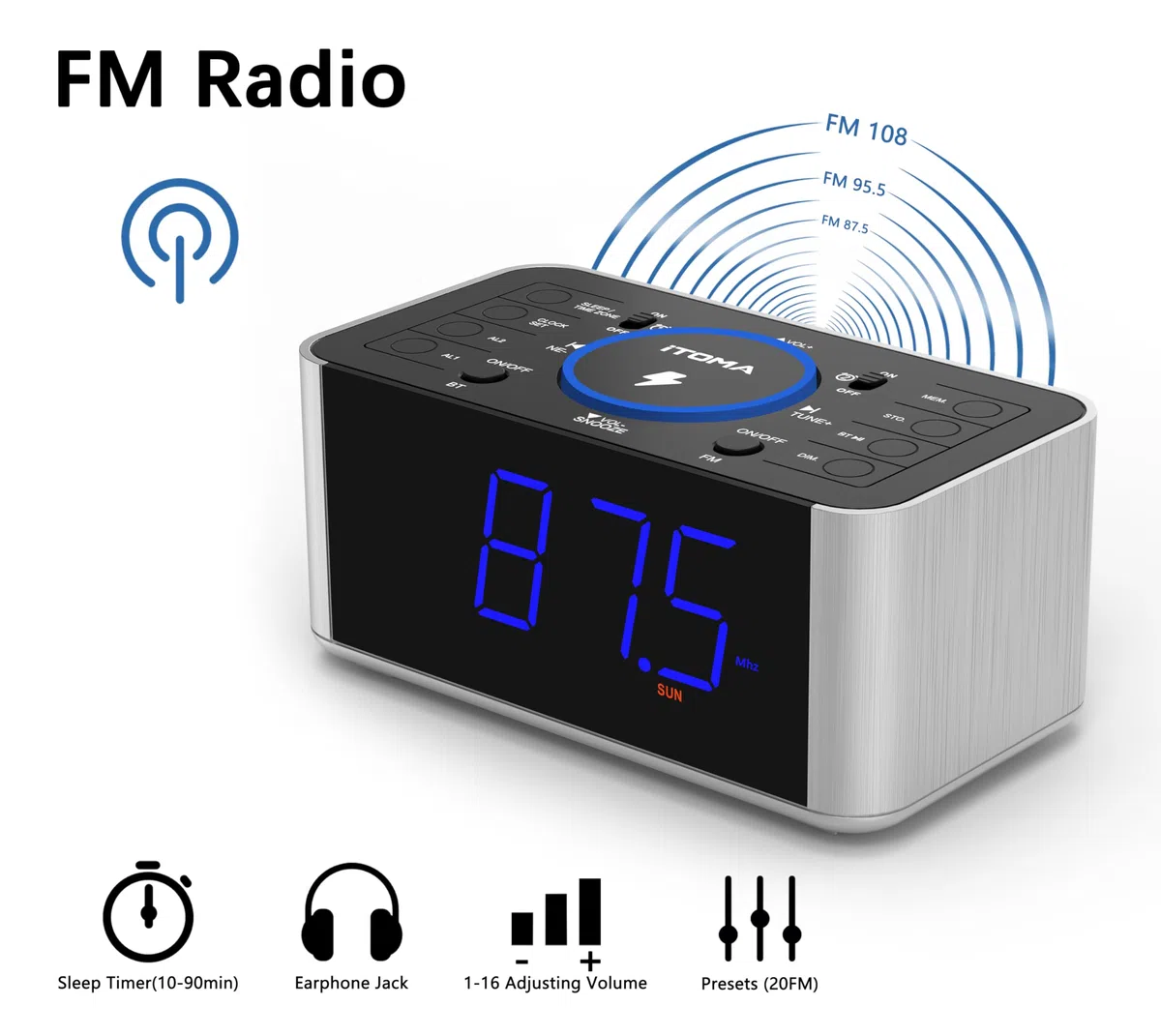 iTOMA Radio de Despertador con Carga inalámbrica 5w, Snooze, Bluetooth, Despertador Doble, Pantalla LED de 1,4 Pulgadas, dimmer, Reloj de Carga USB en la cabecera de la Cama 206