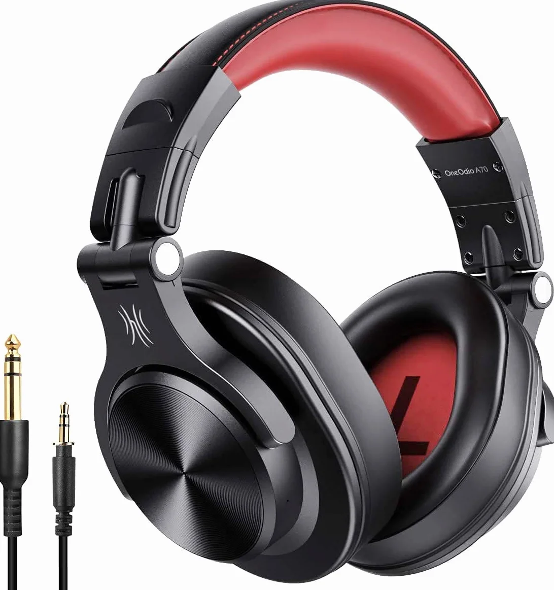 OneOdio A70 Auricurales Bluetooth Inalambricos 72H, Auriculares Diadema Cerrados con Puerto Compartido, Auriculares Cable de 3.5mm para DJ Piano Guitarra Grabación y Monitoreo AMP, Rojo