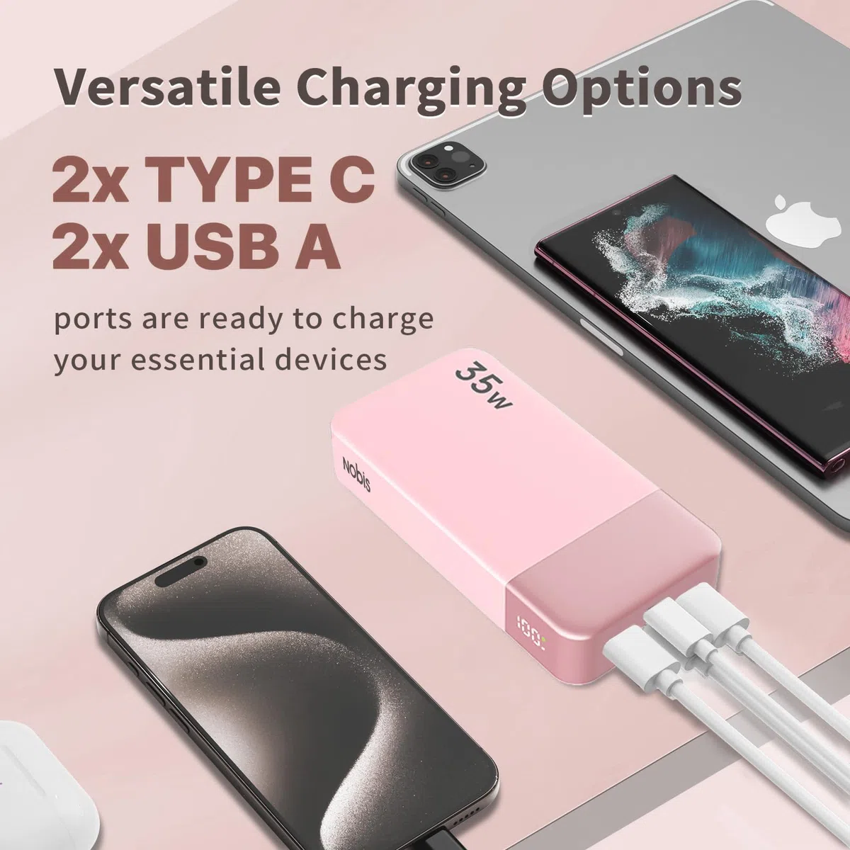 Nobis Cargador Portátil, Fuente de Alimentación Móvil 20000mah, Recarga rápida para Fuente de Alimentación Móvil 35w, Batería con Pantalla Digital para Phone, Android, etc (Rosa)