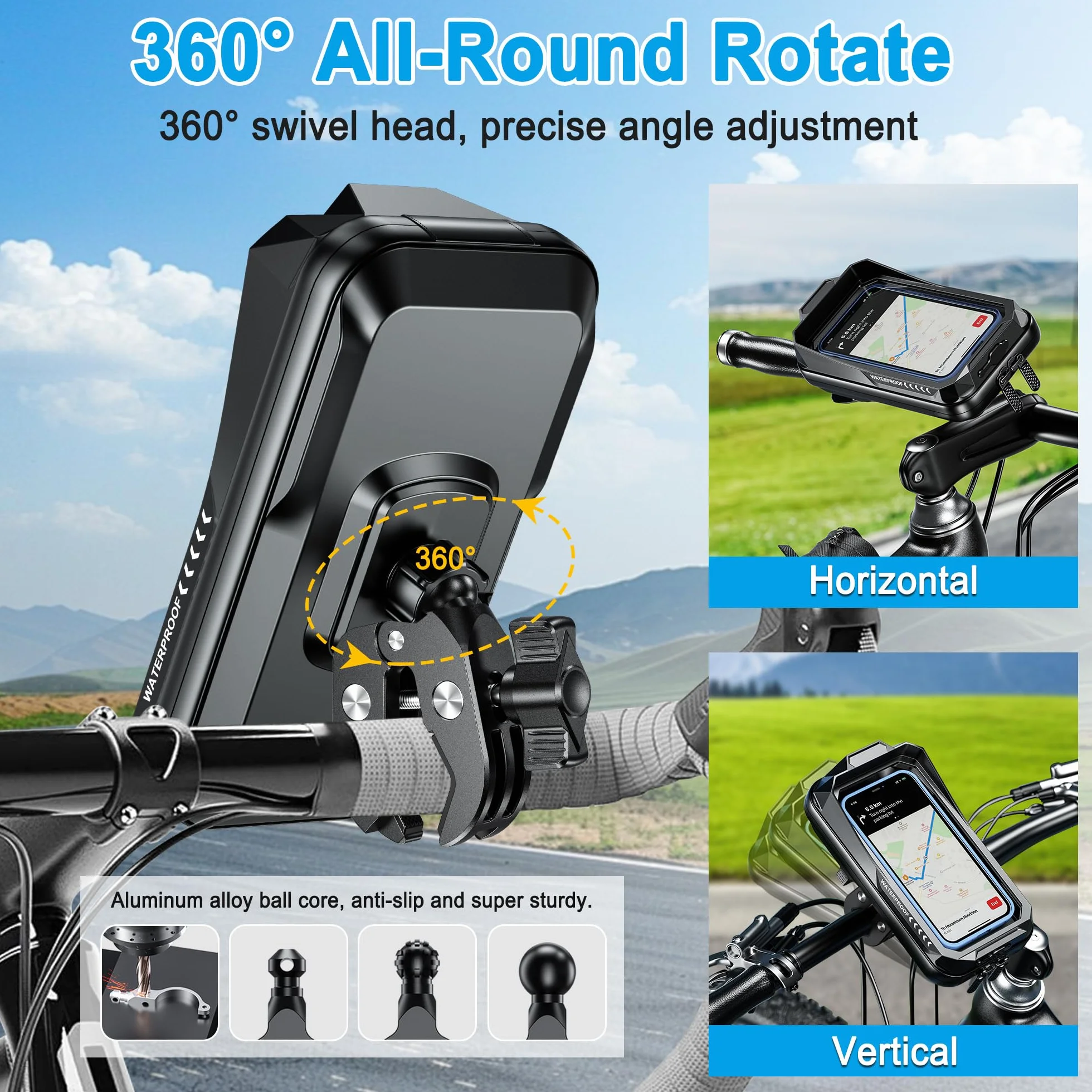 Soporte Móvil Moto Scooter Anti Vibración Universal Soporte Movil Bicicleta Montaña 360°Rotación Porta Móvil Bici Impermeable Soporte Telefono Manillar con Pantalla Táctil