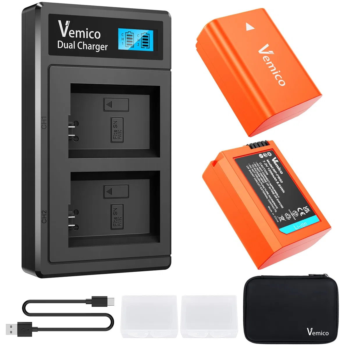 Vemico NP-FW50 Batería de Cargador Kit 2x1200mAh Batería de Repuesto con LCD Doble Tipo-C Cargador para ZV-E10 Alpha 7 7ii 6500 6400 6300 6000 5100 NEX-7 NEX-6 NEX-F3 NEX-3 NEX-5 SLT A55V
