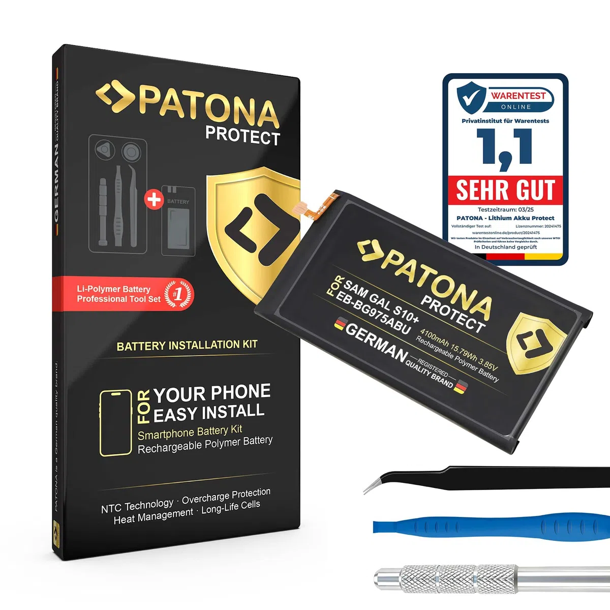 PATONA Protect Batería Repuesto para Samsung Galaxy S10 Plus SM-G975F 10+ EB-BG975BU – 4100mAh Li-Polymer para Smartphone, protección contra sobrecarga y Temperatura NTC, Incl. Kit de instalación