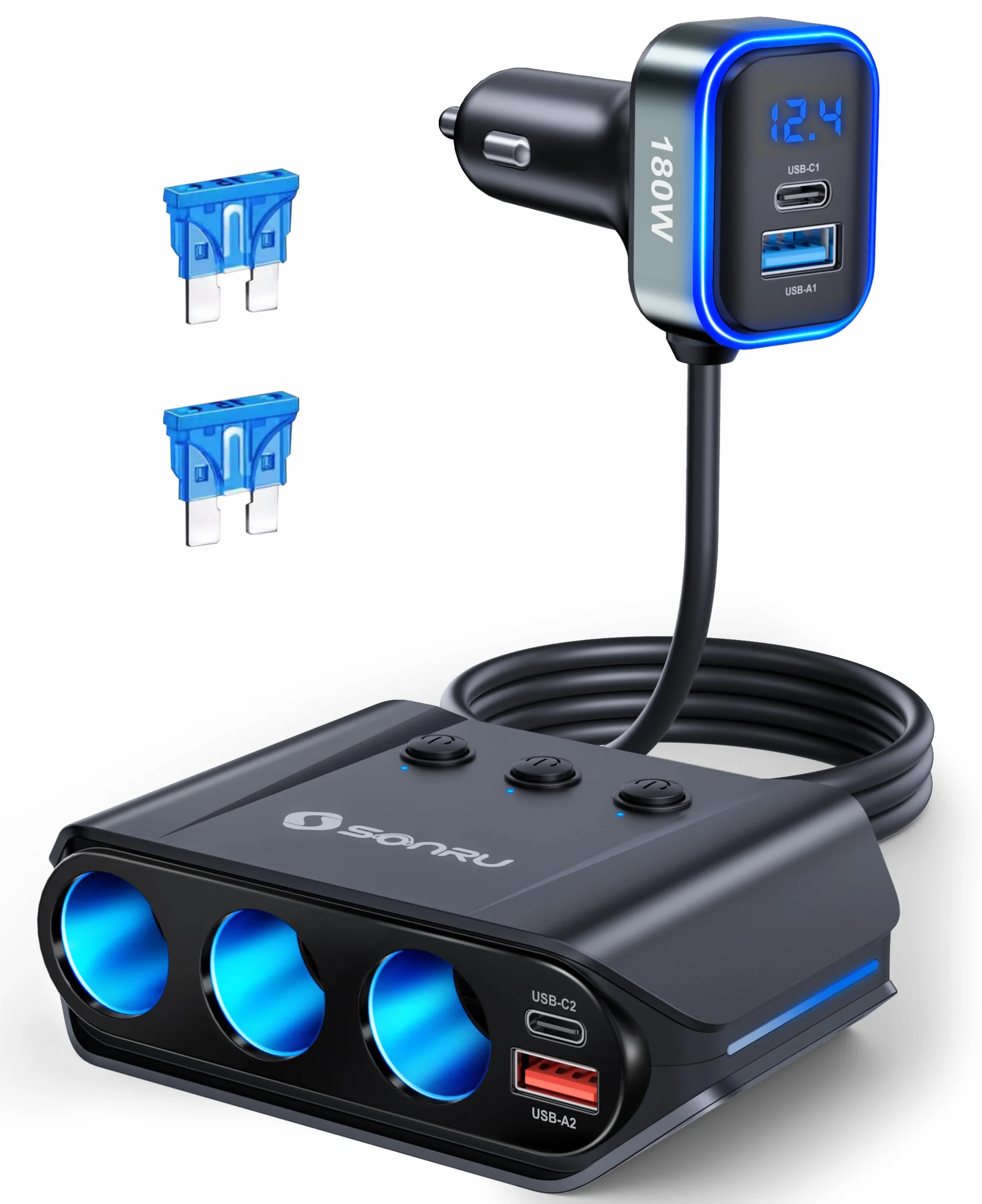 SONRU 7 en 1 Cargador Coche, 180 W [Doble PD & Carga Rápida 3.0] 12V/24V USB Cargador Mechero Coche, Compatible con Vehículos Recreativos, Dispositivos iPhone 17 Pro MAX, 16, 15, Samsung S25, GPS