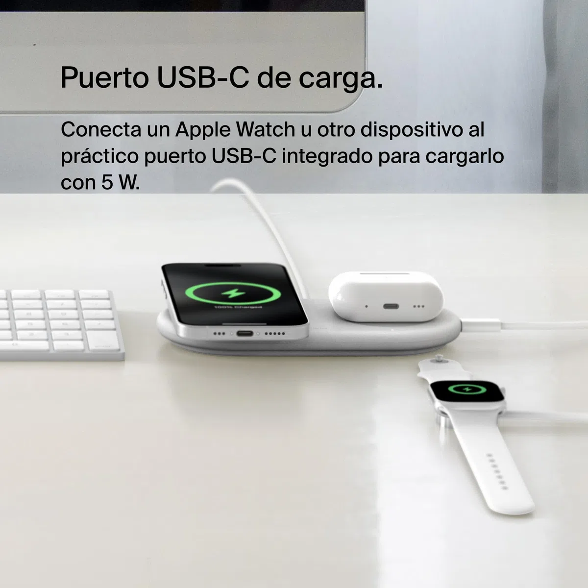 Belkin BoostCharge Pro Cargador Inalámbrico 2 en 1 con tecnología Magnética Qi2, 15W, Estacion de Carga Rápida Inalámbrica Compatible con Magsafe para iPhone 17, Air, Pixelsnap, AirPods - Blanco
