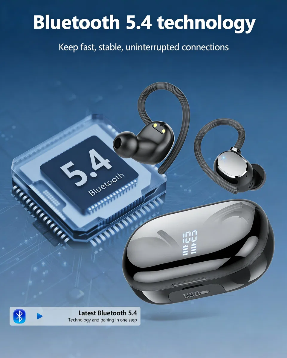 Auriculares Inalámbricos Deportivos, Nuevo Auriculares Bluetooth 5.3 HiFi Estéreo, 128H Cascos Inalambricos Bluetooth con 4 HD Mic Pantalla Dual LED, IPX7 Control Táctil Inalámbricos para iOS/Android