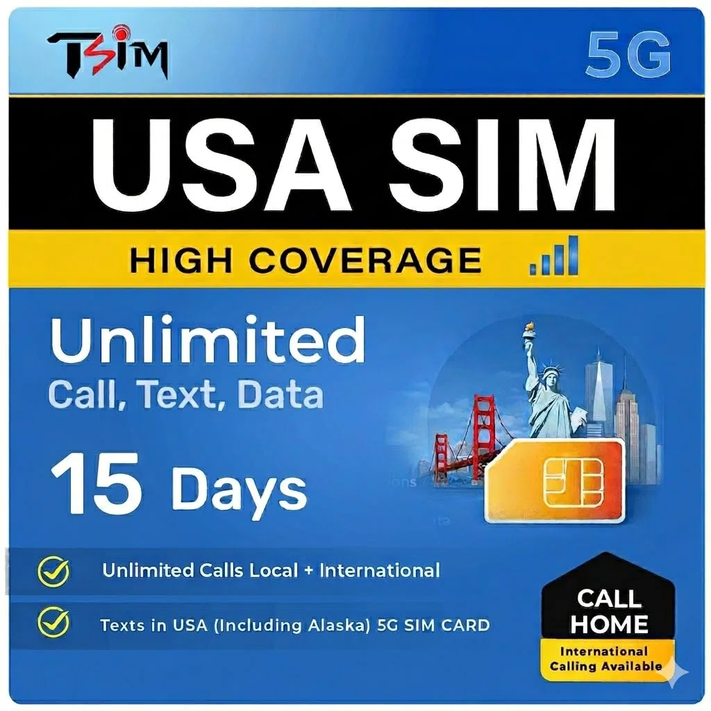 Tarjeta SIM USA 15 días con Call Home | Alta Cobertura de Red | Datos ilimitados en la Red | Llamadas/SMS Locales + internacionales ilimitados en EE. UU. (Incluido Alaska) | Tarjeta SIM 5G