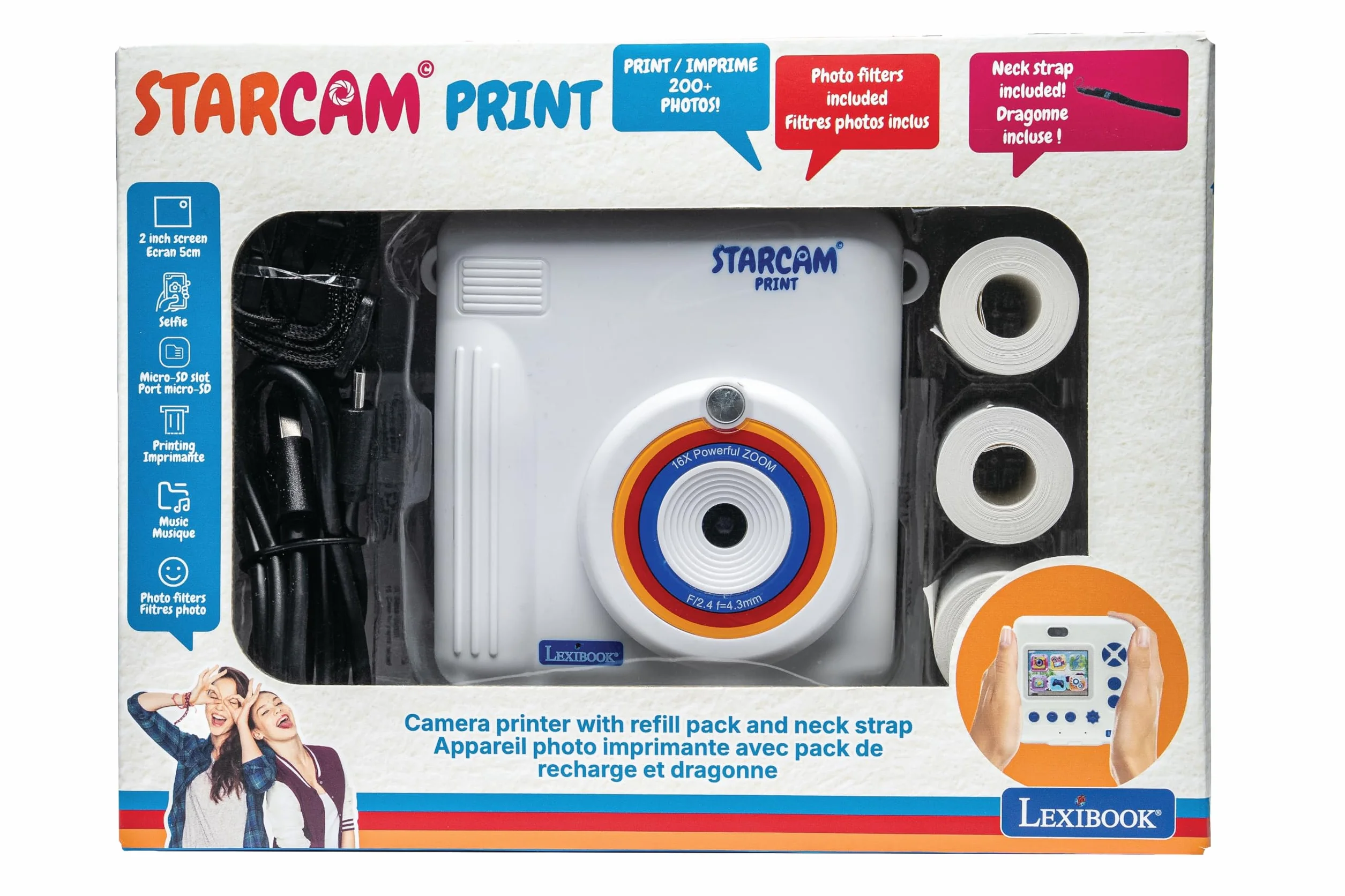 LEXIBOOK, Starcam Print, Cámara con Impresora instantánea, 3 Rollos de Papel y Correa de Mano, Blanco, DJ130