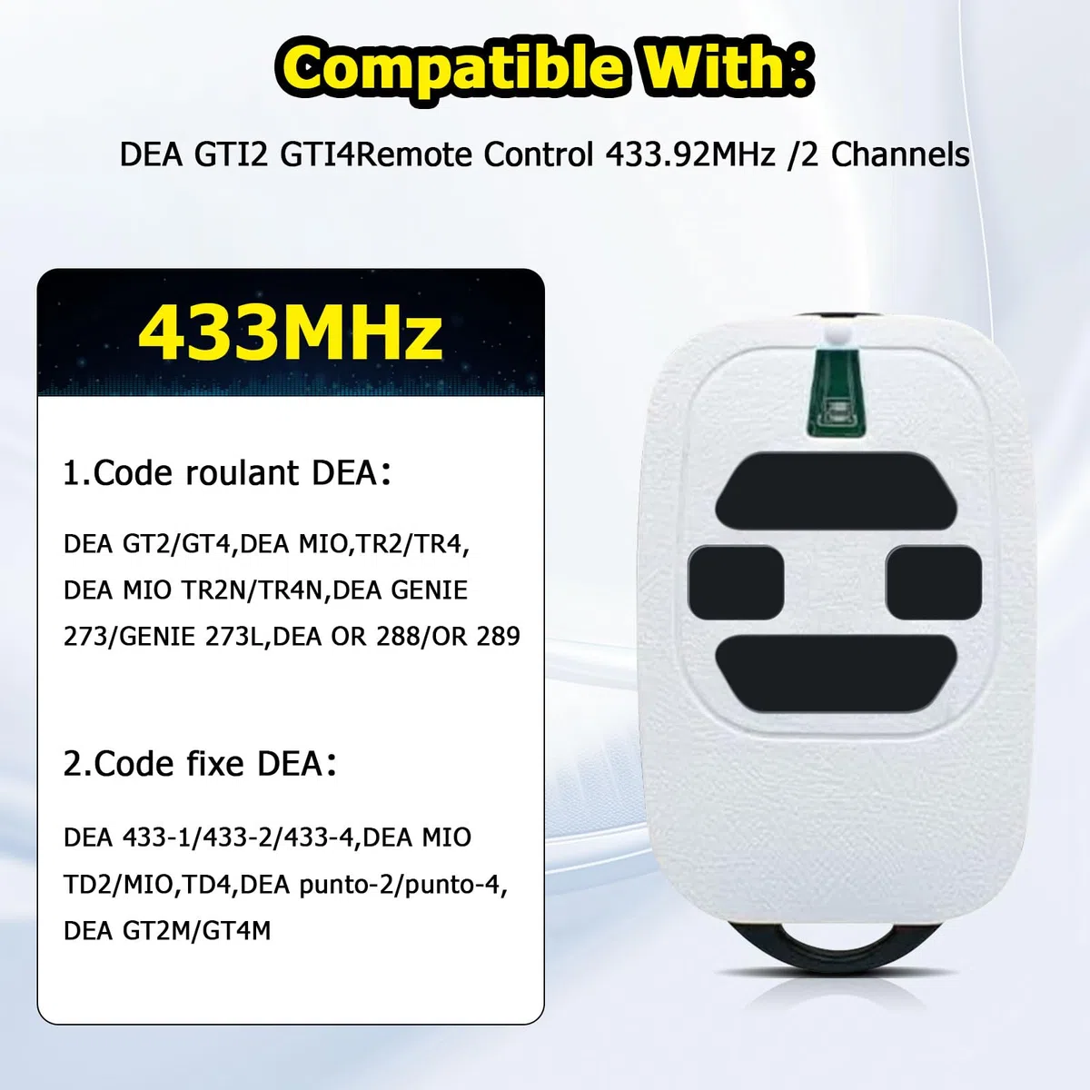 Mando a distancia para puerta 433,92 MHz compatible con DEA GTI2/4, GT2/4, Mio TR2/4, Mio TR2N/4N Mando a distancia para puertas de garaje (3 unidades)