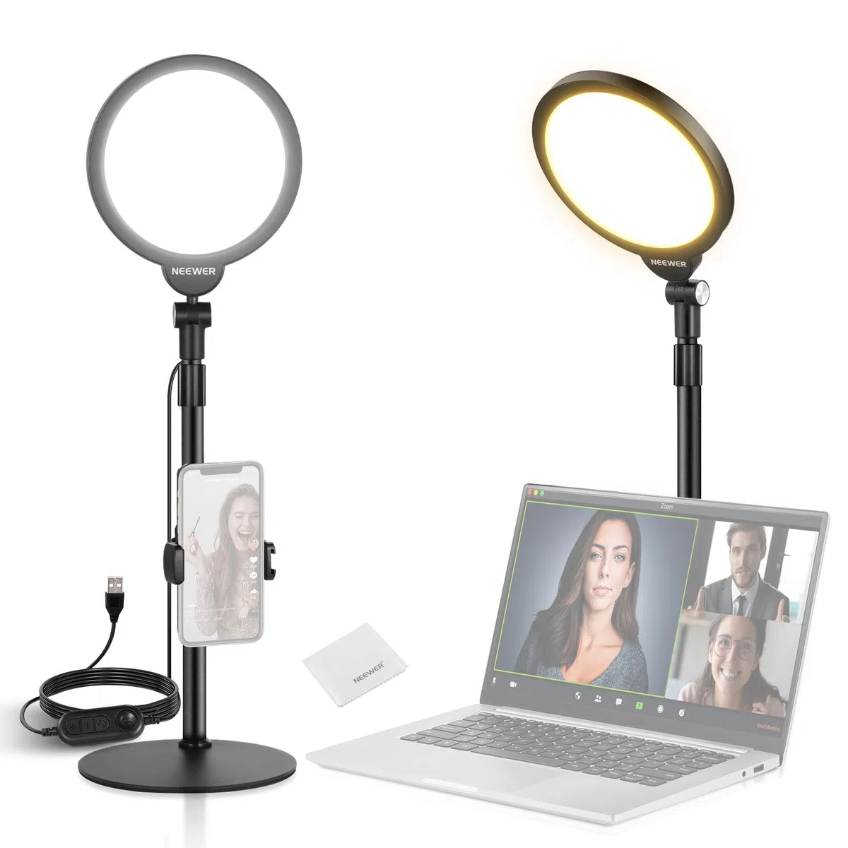 NEEWER Básico 7" Aro Luz Escritorio para Grabación, 10W Key Lighting Pantalla Completa Regulable con Soporte/Soporte Teléfono/Paño Limpieza para iPhone Laptop Vlog Live Streaming Videoconferencia,R06
