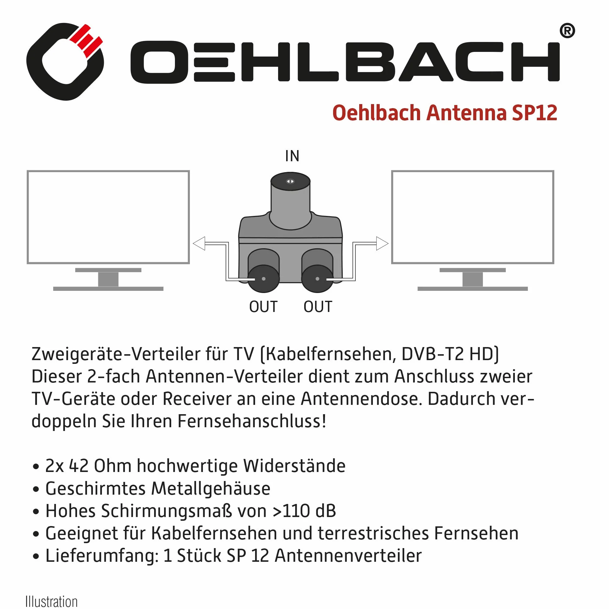 OEHLBACH Antena SP12 Divisor de Antena, Carcasa metálica blindada, Divisor de Dos Dispositivos para TV/Radio, Acoplamiento coaxial a Enchufe coaxial, DVB-T2 DVB-C2 HDTV UHD, Plata, 17218-C1-40