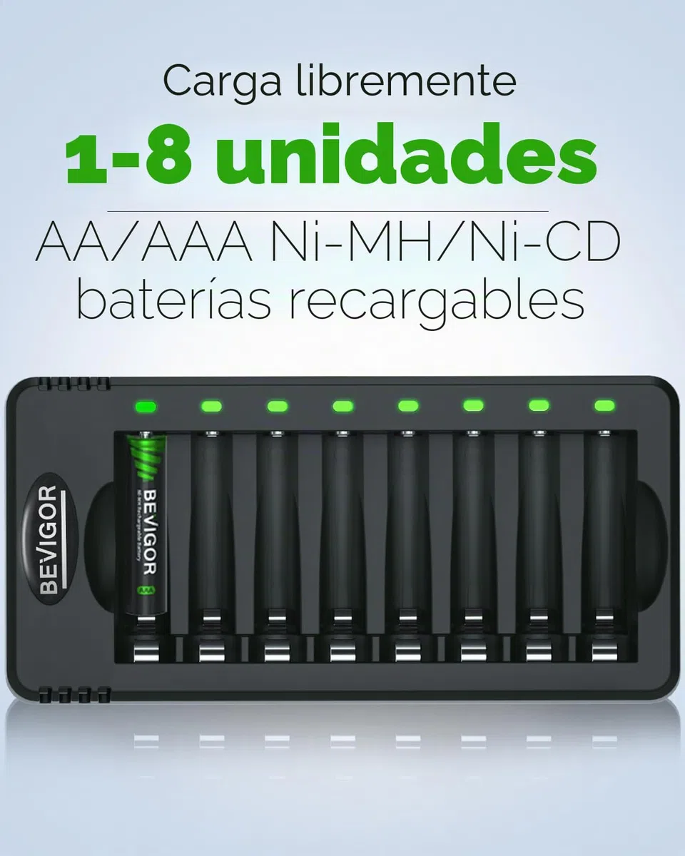 BEVIGOR Pilas Recargables AAA Ni-MH, 8 Unidades De Pilas AAA con Cargador De 8 Posiciones para Carga Rápida