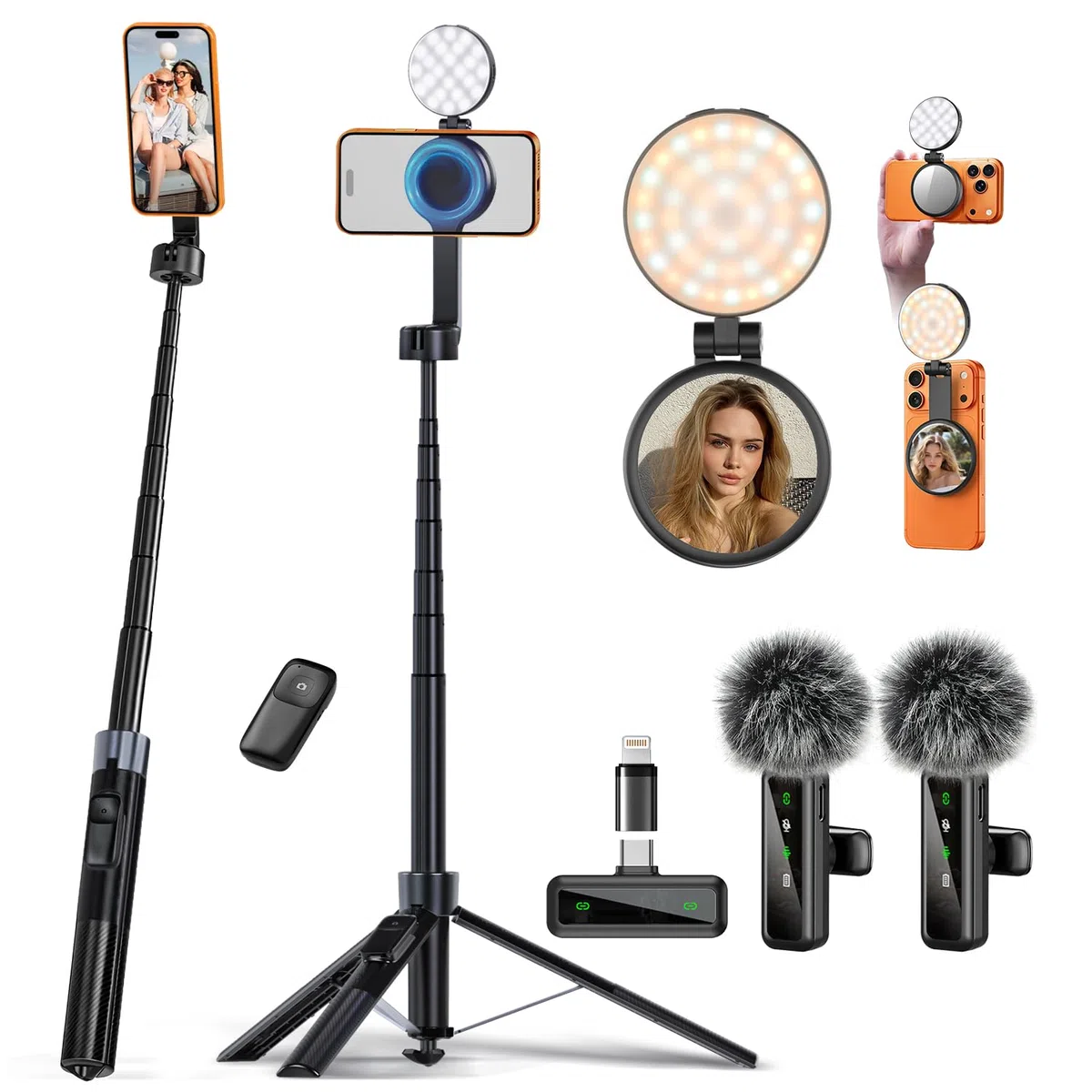 yAyusi Kit de vlogging magnético 3 en 1 para iPhone/Android, Kit de Inicio para Youtube, trípode magnético, micrófono y Control Remoto, Palo de Selfie de 71" con luz para Youtube