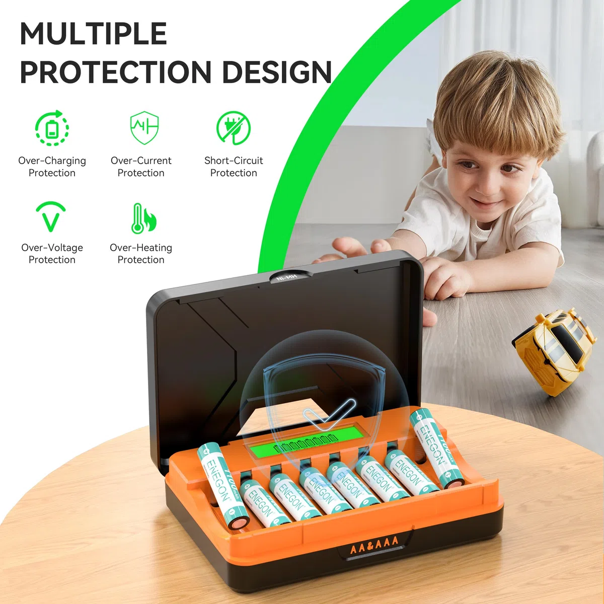 ENEGON Cargador Rápido 8 Ranuras para Pilas AA/AAA con Pantalla LCD + 8 Pilas AAA Ni-MH (1100mAh), Estación USB-C de Carga y Almacenaje – para Mandos a Distancia, Termómetros y Electrónica