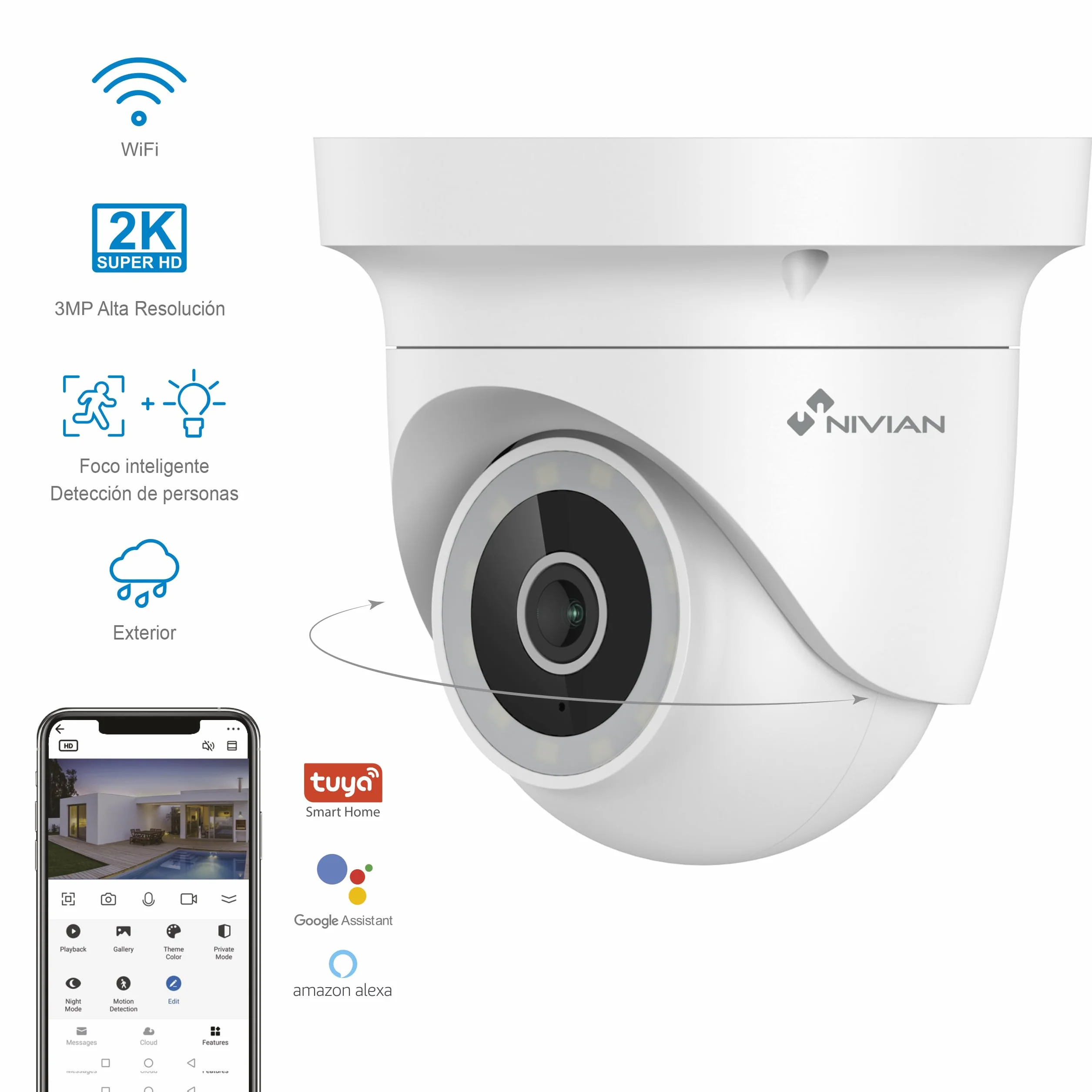 NIVIAN Cámara de Seguridad Motorizada 2K con WiFi, Detección de Movimiento, Visión Nocturna, Audio Bidireccional, Seguimiento Automático y Control por Voz y App Tuya