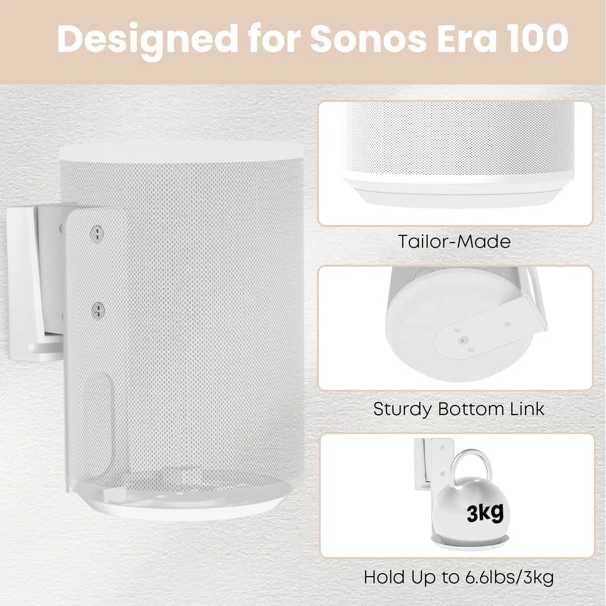 PUTORSEN Soporte de pared para altavoces Sonos Era 100, giratorio/inclinable/gestión de cables, soporte de pared para un mejor disfrute de audio, soporta hasta 3 kg (2 soportes, blanco)