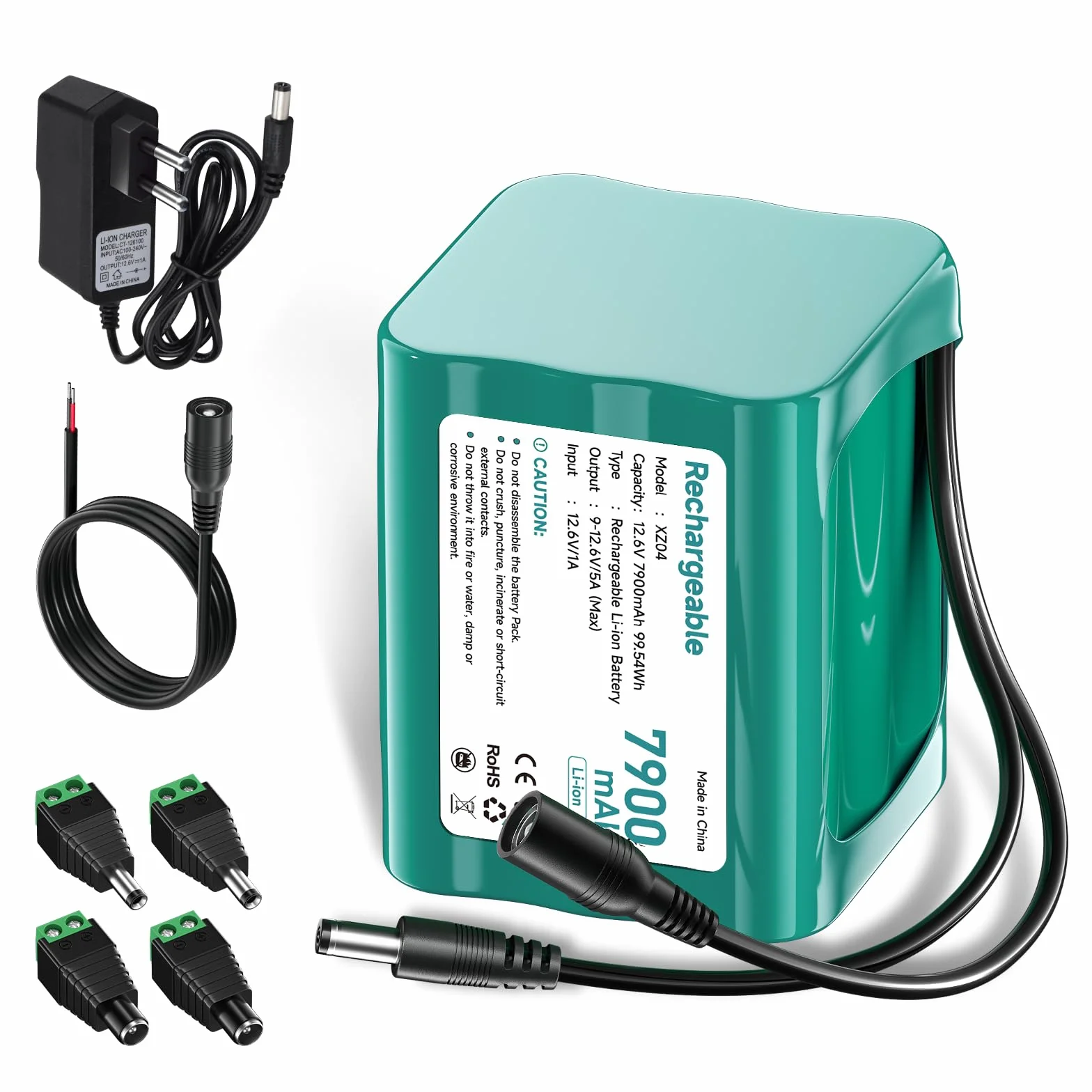 Batería 12V 7900mAh Dab Radio 12.6V Batería Litio con Adaptador de Cargador y Conector y línea de conexión, para Sonido, Faros Traseros, iluminación de Bicicletas, setpiano, Sonar, Sonar