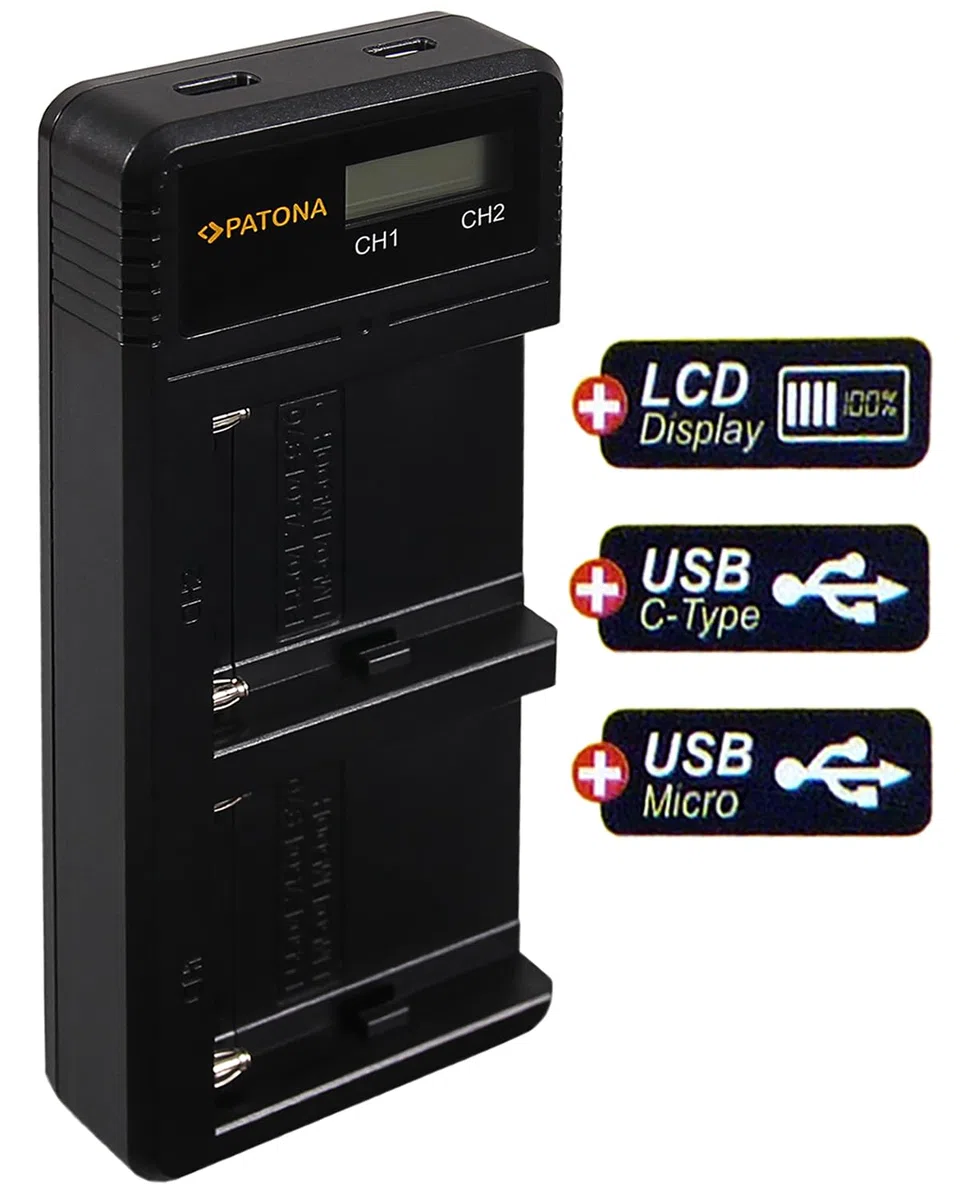 PATONA Cargador Doble LCD para Sony Serie L y NP-FM – para NP-F550 NP-F750 NP-F970, NP-FM50 NP-FM500H, NP-QM71 NP-QM91 – Carga Dos baterías con Pantalla LCD