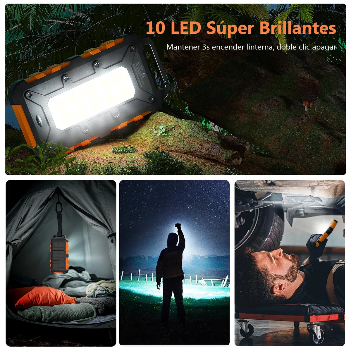 Cargador Solar 10000mAh, Power Bank Solar Batería Externa Portátil PD22.5W USB C Carga Rápida Impermeable 3 Salidas y 2 Entradas con Linterna LED para Moviles Tabletas Etc.