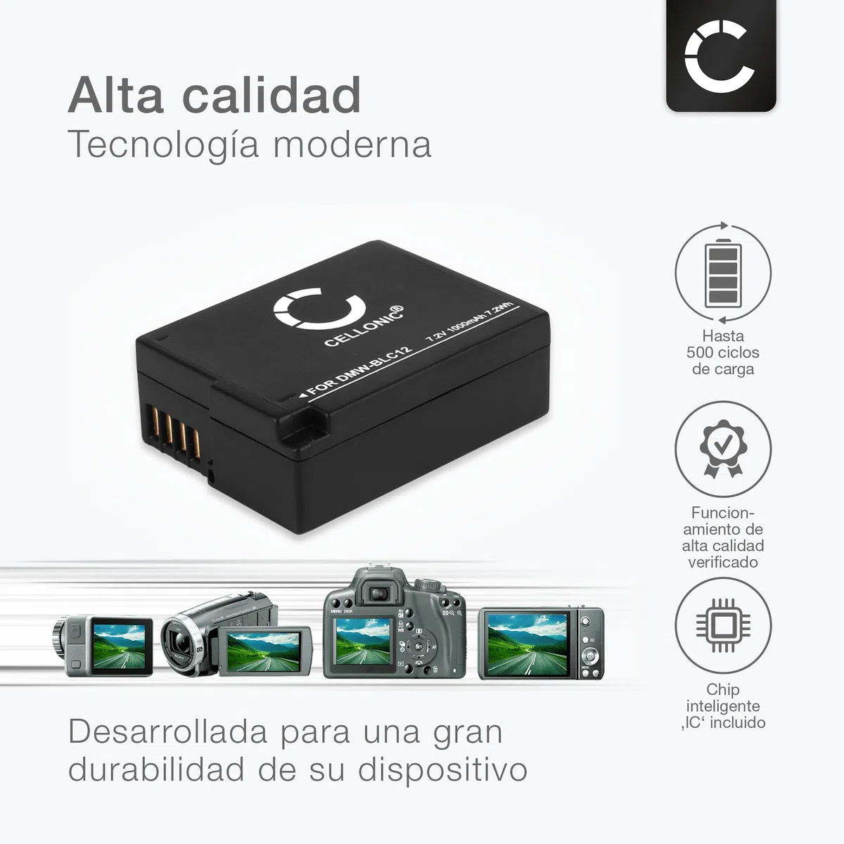 CELLONIC 1x Batería para Cámara Compatible con Panasonic Lumix DMC-FZ1000, Lumix DMC-FZ300, Lumix DMC-FZ2000, DMW-BLC12 - (1000mAh, 7.4V)