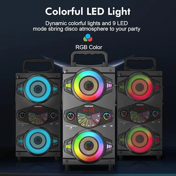 Altavoces Bluetooth portátiles de 60 W, gran potencia, inalámbricos, sonido estéreo de graves potentes, Boombox para fiestas en casa, altavoz con subwoofer, radio FM y luces LED de colores. (Negro)