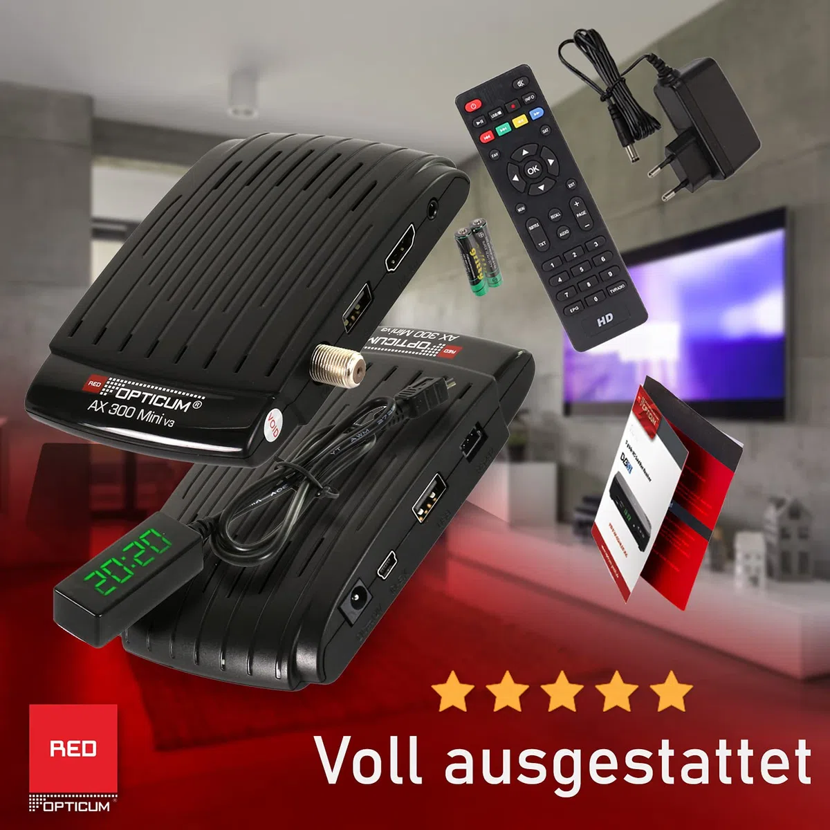 Red Opticum AX 300 Mini V3 con función de grabación PVR - Receptor de satélite Digital HD/Sensor de Infrarrojos Externo con Pantalla Full HD 1080p / Fuente de alimentación/USB/HDMI / 12V