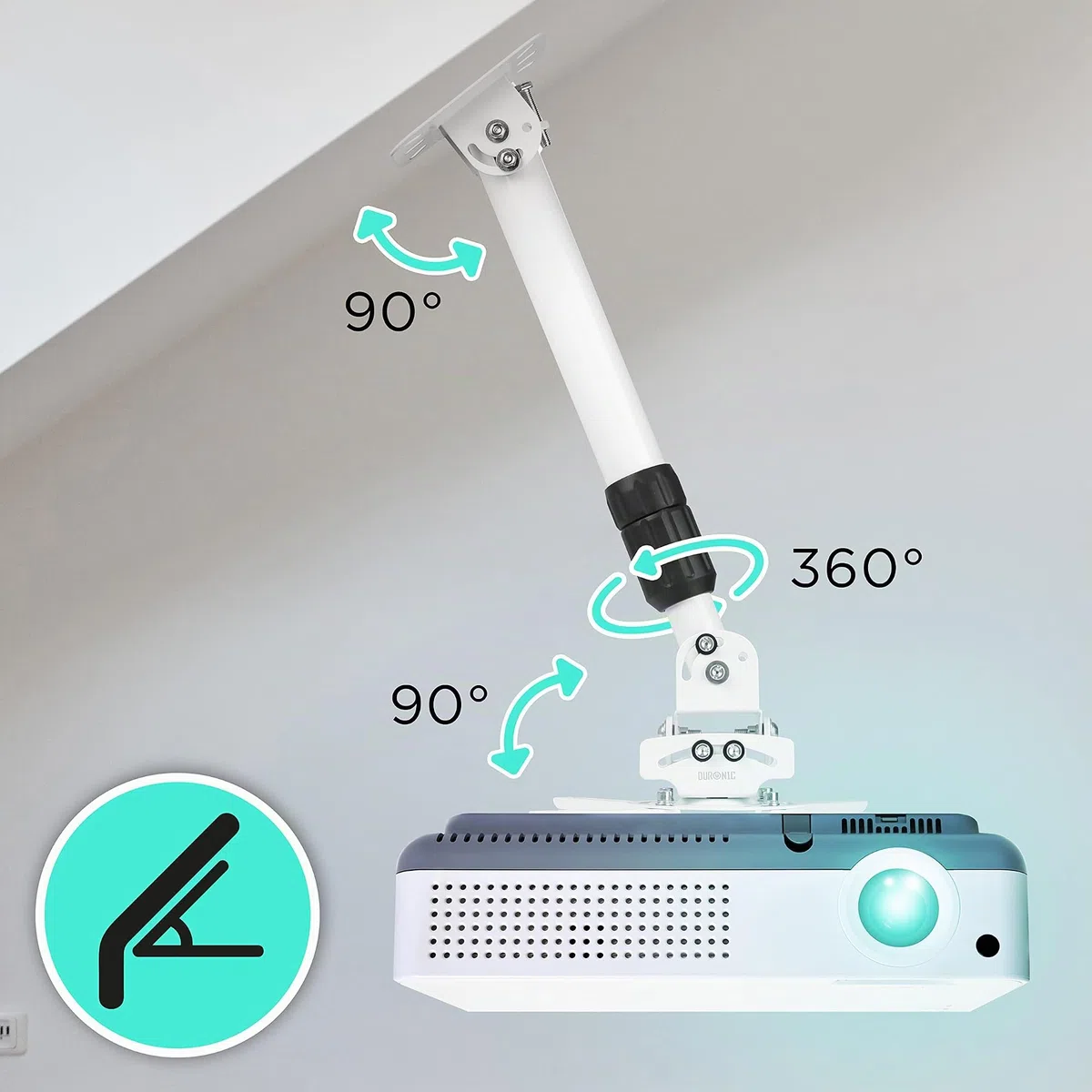 Duronic PB06XL Soporte para Proyector de Techo y Pared, Extensible 22-83cm, Universal, Giratorio 360º, Totalmente Articulable, Carga Máx 13.6kg, Cine en Casa, Videojuegos, Presentaciones, Color Blanco