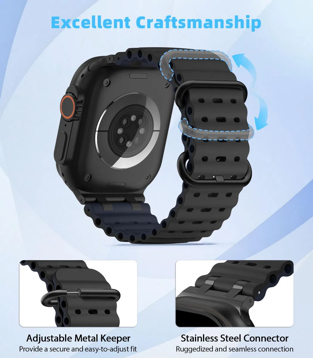 MoKo Correa Ocean Compatible con Apple Watch Ultra 3/2/1 49 mm, S11/S10 46 mm, 9/8/7 45 mm, SE3/SE2/SE/6/5/4 44 mm, 3/2/1 42 mm, Correa Deportiva de Silicona Transpirable, Negro/Negro&Azul Marino