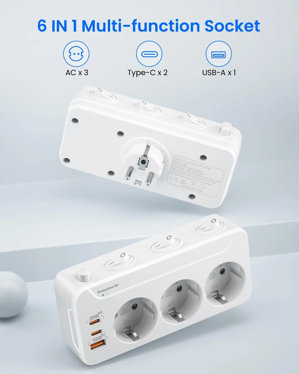 Ladron Enchufes USB C,Regletas Enchufes Pared Carga Rápida PD20W y QC18W,Enchufe Multiple 3 Tomas,Vertical Trifasico Enchufe con Interruptor,Adaptador Enchufe Triple Proteccion Sobretension,Blanco