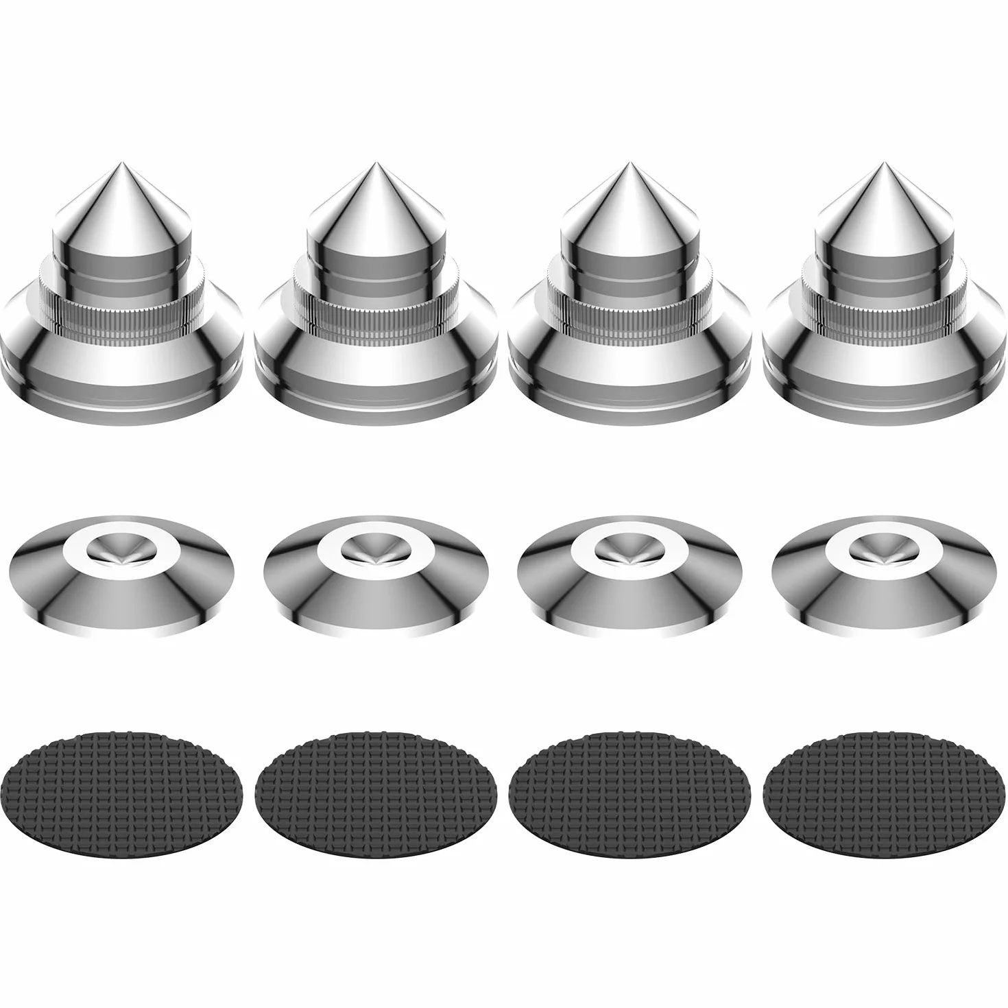 Tertullus Juego de 4 clavijas para altavoces, de acero inoxidable, altura regulable, con picos, arandelas para dispositivos de alta fidelidad y altavoces