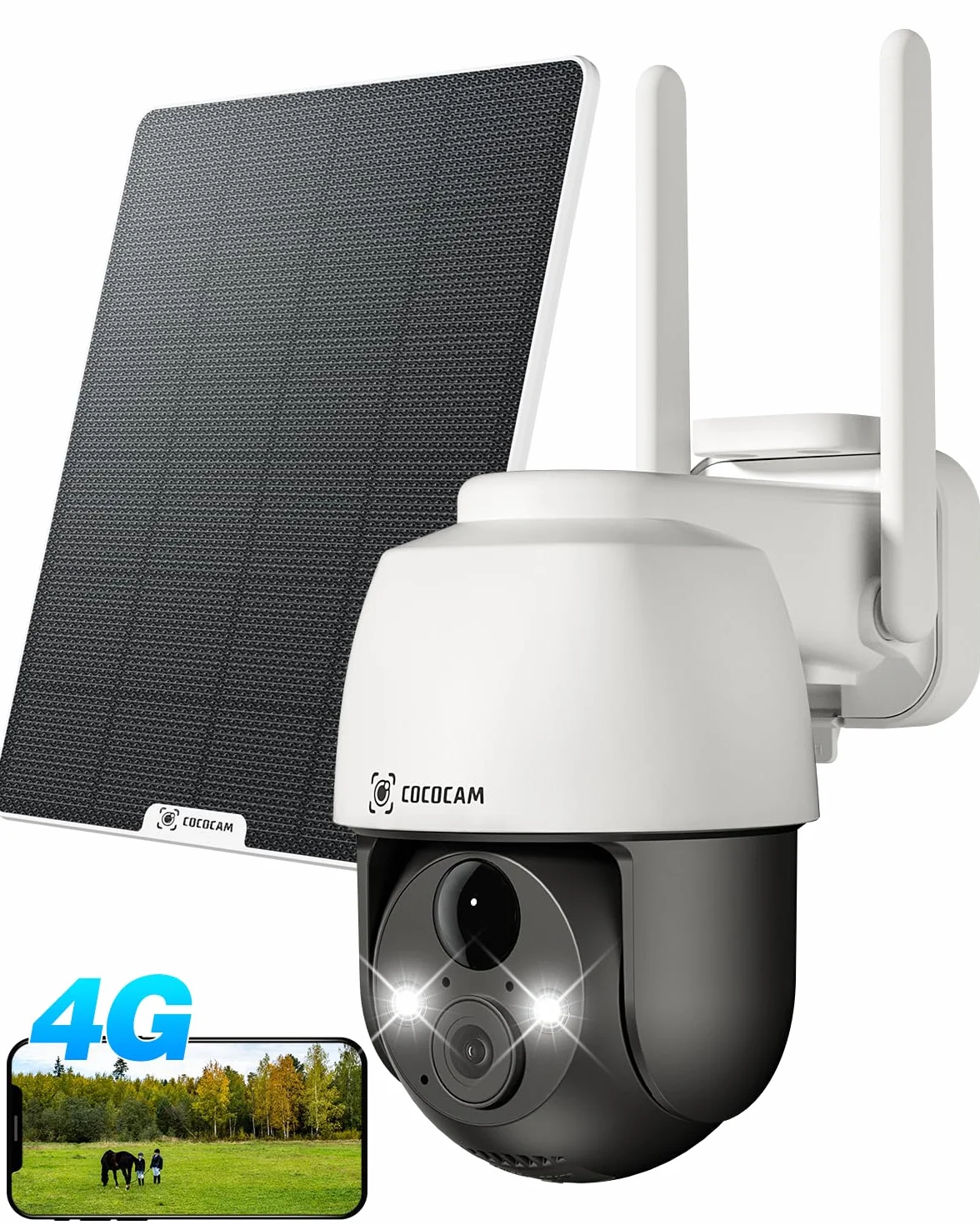 COCOCAM 4G LTE Camara Vigilancia Exterior Solar Sin WiFi con Tarjeta SIM, 2K PTZ Inalámbrico, 10000mAh, 6W Panel Solar, Detección Humana PIR, Reconocimiento AI, IP66, Funciona con Alexa