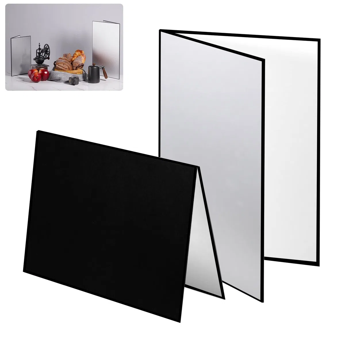 3 en 1 Reflector de Luz Fotografía 29.7X42cm Plegable Cartón Grueso Iluminación para Comida Naturaleza Muerta Producto Estudio Fotográfico Fotos Negro/Plateado/Blanco 2 Piezas