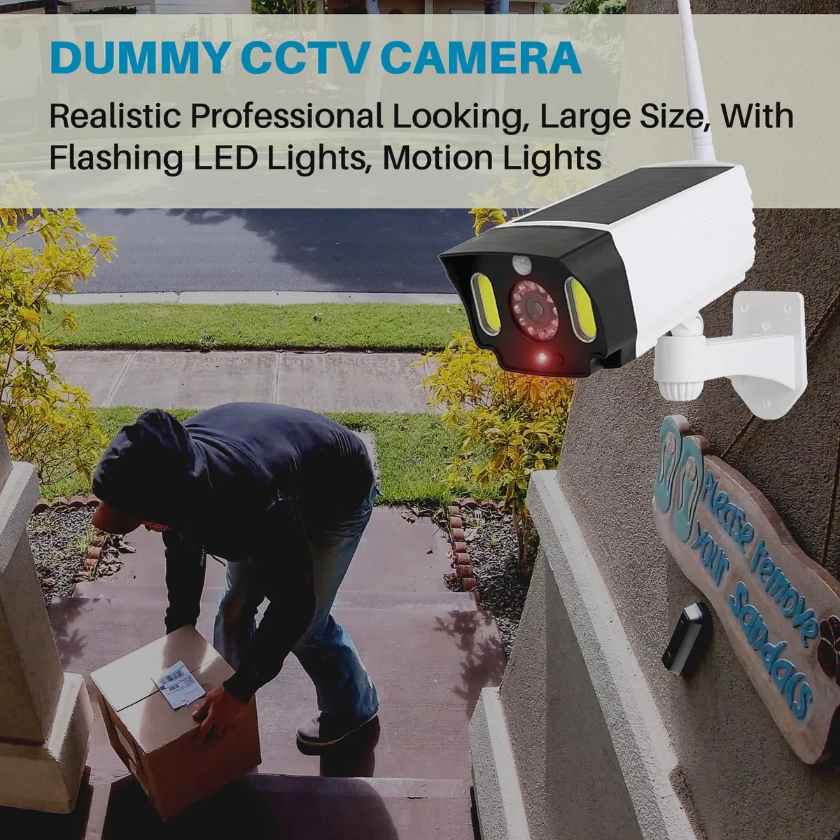 JUSTOP Cámara CCTV falsa, funciona con energía solar, luces LED de seguridad con sensor de movimiento PIR, impermeable para uso en exteriores, color blanco