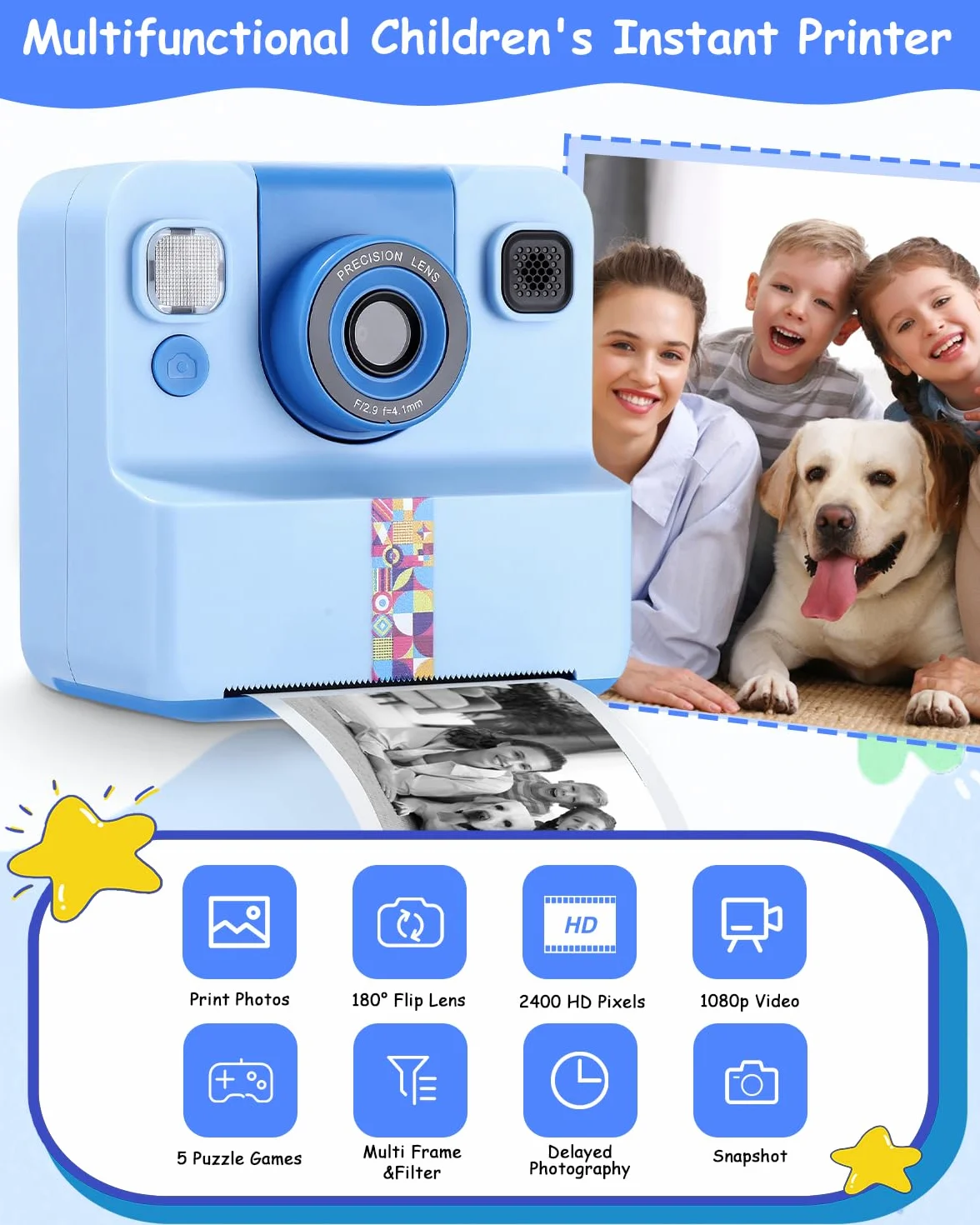 Cámara instantánea para niños, 1080P HD, cámara instantánea con impresión instantánea, tarjeta SD de 32 GB y 5 rollos de papel fotográfico, regalo para niñas y niños a partir de 3 – 12 años
