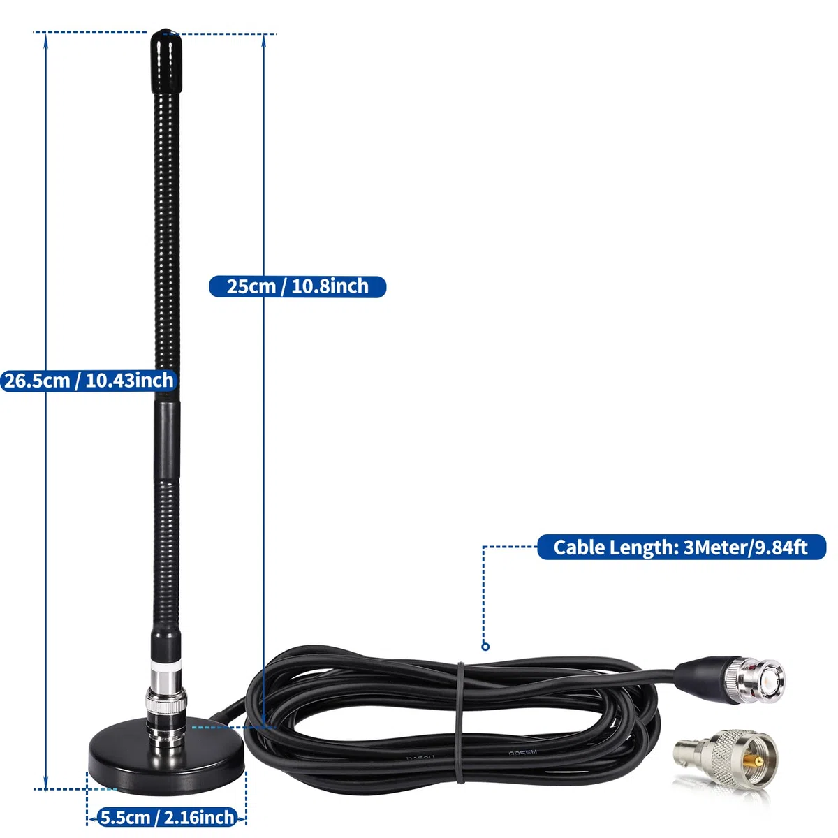 Bingfu Antena CB 27MHz BNC Conector PL259 Soft Whip Base Magnética Cable 3Metros Compatible con Cobra Midland Uniden Maxon President CB Radio Mano Portátil Móvil Escáner de Policía