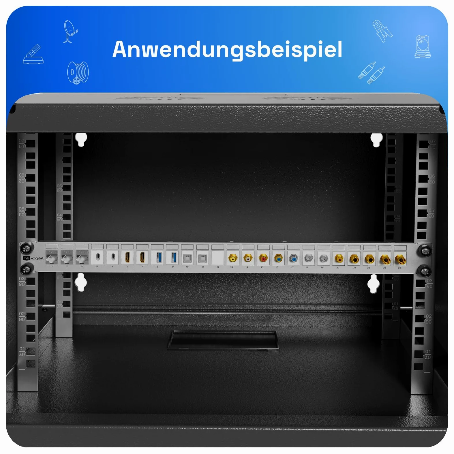 hb-digital Panel de distribución modular de 24 puertos para módulos Keystone RJ45 de 19 pulgadas, CAT 5, CAT 6, CAT 7, para armario de red LAN, profesional, TIA568A, TIA568B, cable de tierra – Gris