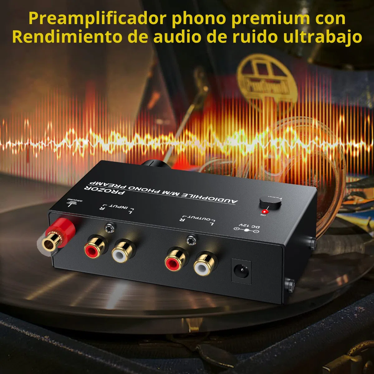 Preamplificador de Fono MM RIAA Preamp Tocadiscos Preamplificador de Microfono con Controles de Nivel Conector de Entrada y Salida RCA con Adaptador de Corriente 12V Preamplificador Estereo HiFi