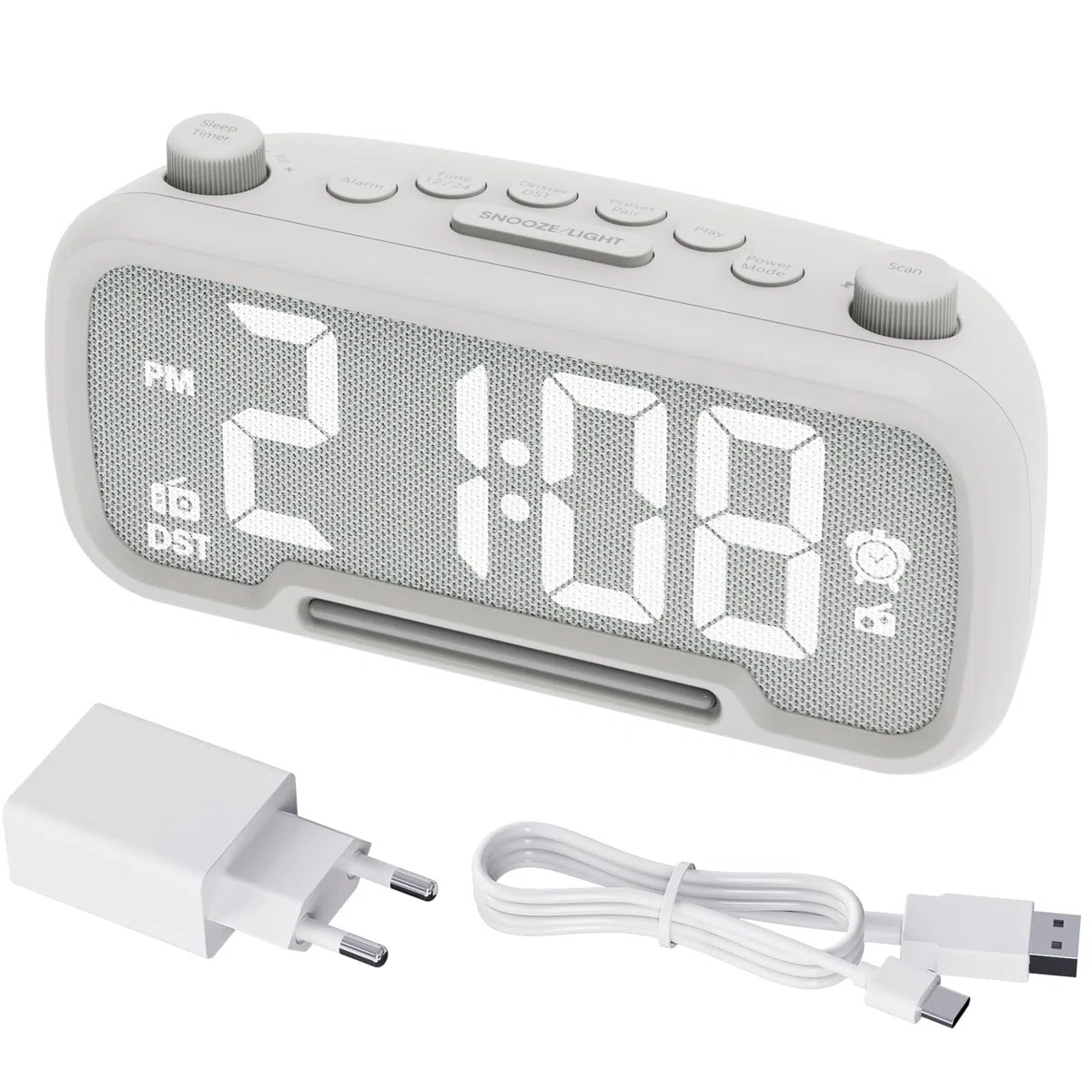 ROCAM Radio Reloj Despertador Digital con FM, Despertador para Dormitorios con luz Nocturna, Bluetooth 5.0, 5 Niveles de Brillo Ajustables, USB/Tipo C/DST/Snooze/batería de Respaldo