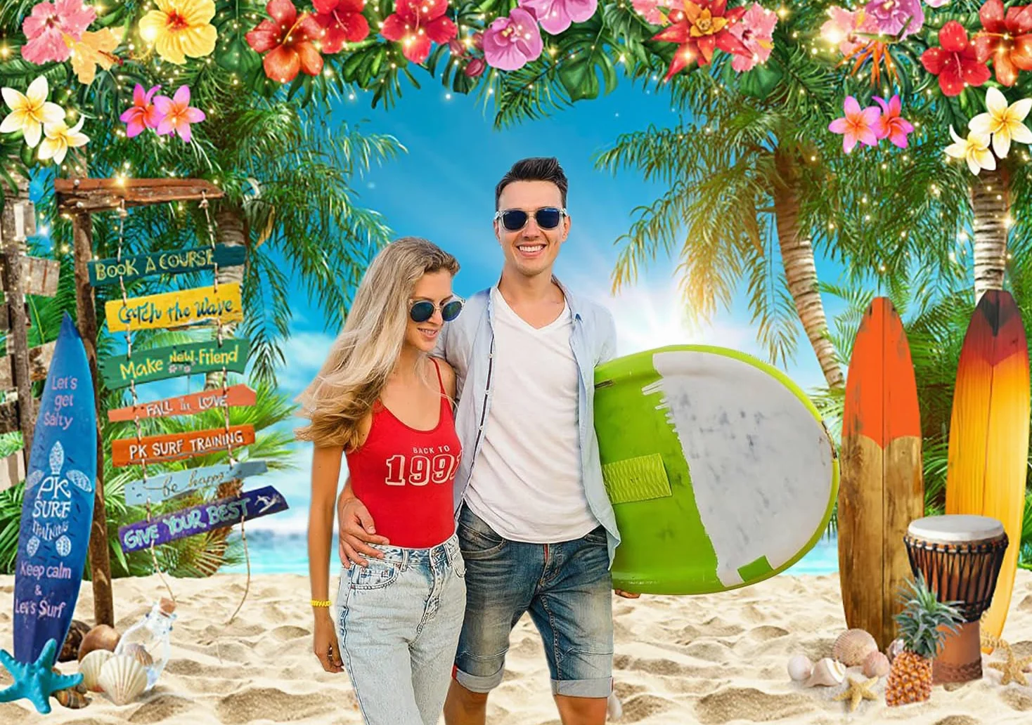 3x2m Telón de Fondo Playa Verano Tropical Palm Tree Flor Tabla de Surf Street Sign Azul Cielo Fotografía Fondo Boda Cumpleaños Hawaiian Luau Aloha Fiesta Decoraciones Photo Booth Props