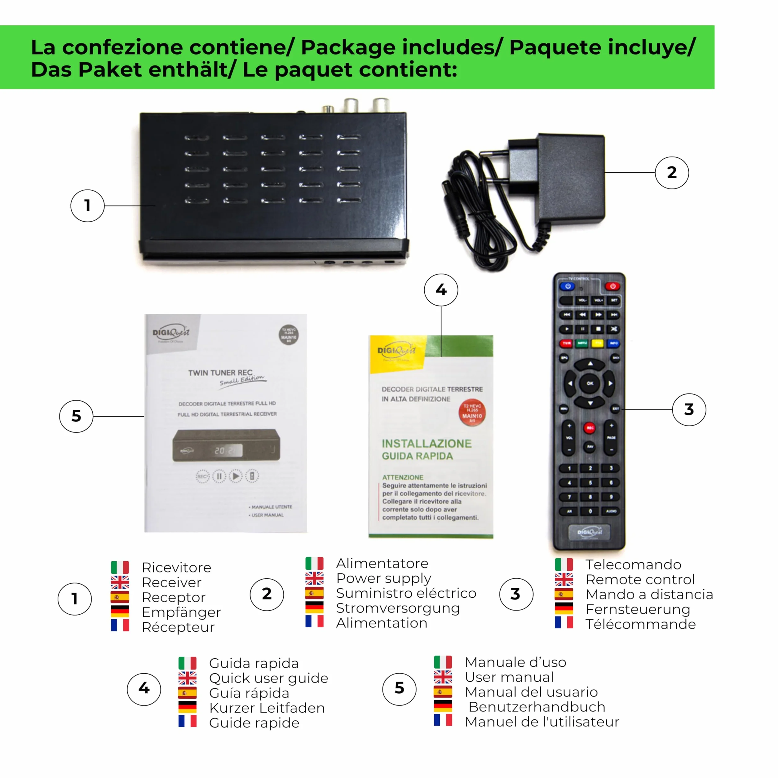 Digiquest Twin Tuner Rec - Decodificador Digital terrestre, DVB-T2, Full HD - Edición pequeña - Función grabadora de vídeo, Negro