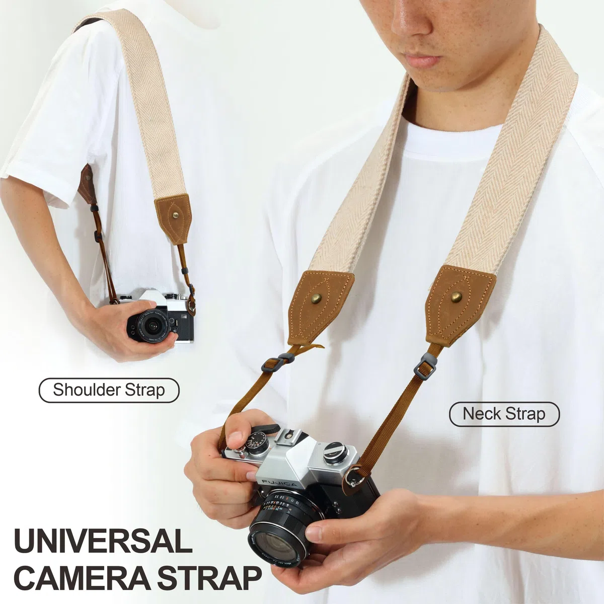 Correa para cámara, Correa universal ajustable de cuero de vaca de doble capa para el cuello y el hombro para todas las cámaras DSLR, 2 inch Wide / Adjustable 31.5~60.5 inch