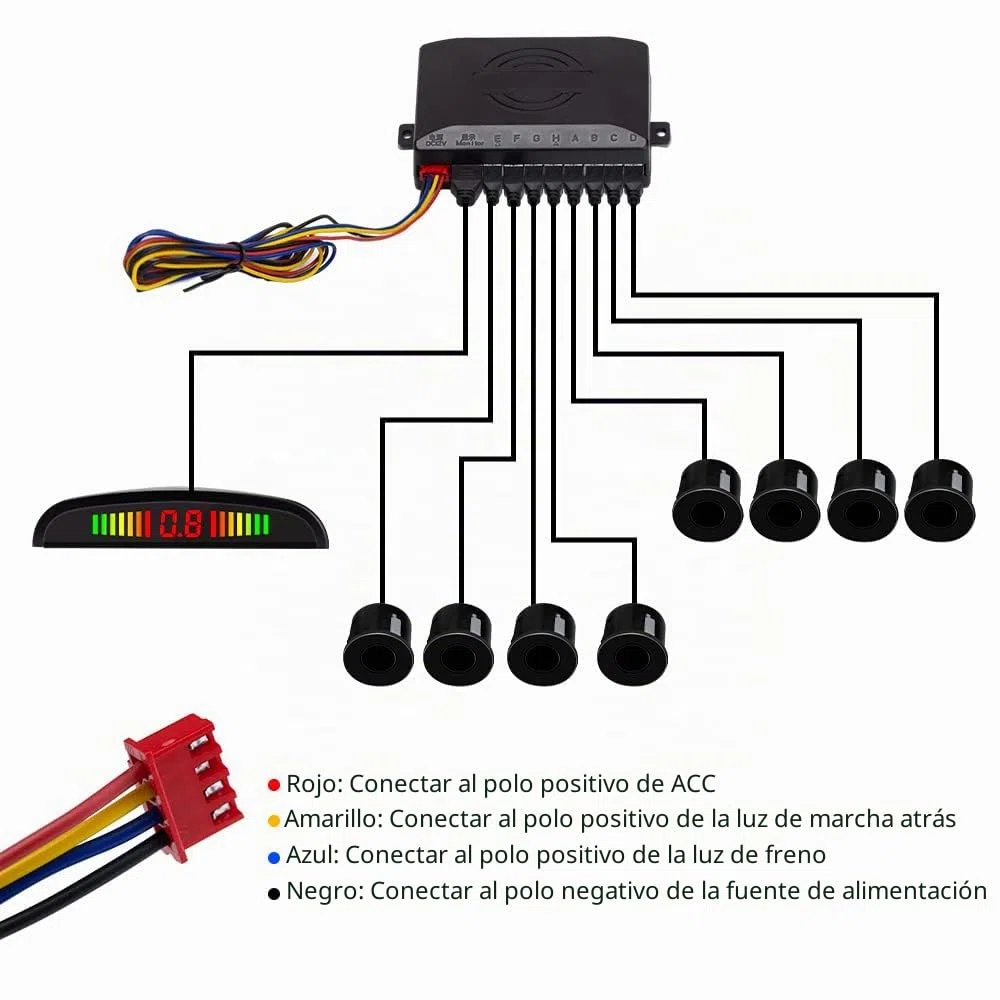 Sensores de Aparcamiento, 8 Sensores Delanteros y Traseros con Avisador Acústico de Distancia en Pantalla LED(8 Sensores, Negro)