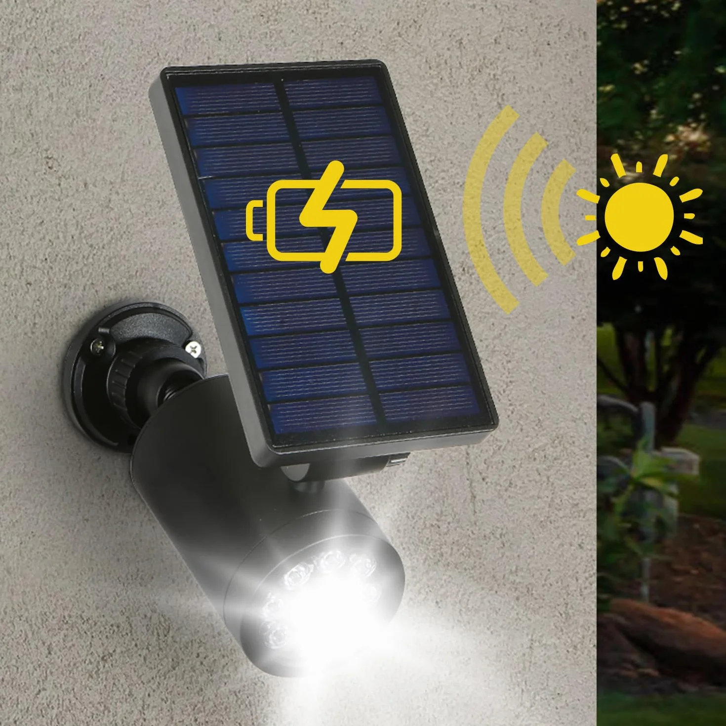 Maclean Cámara Solar Simulada con Sensor de Movimiento y Luz LED, Cámara de Vigilancia IP Simulada con Lente, IP44, Uso en Exteriores, 220lm, 6500 K, Energía Solar, LED Rojo Intermitente