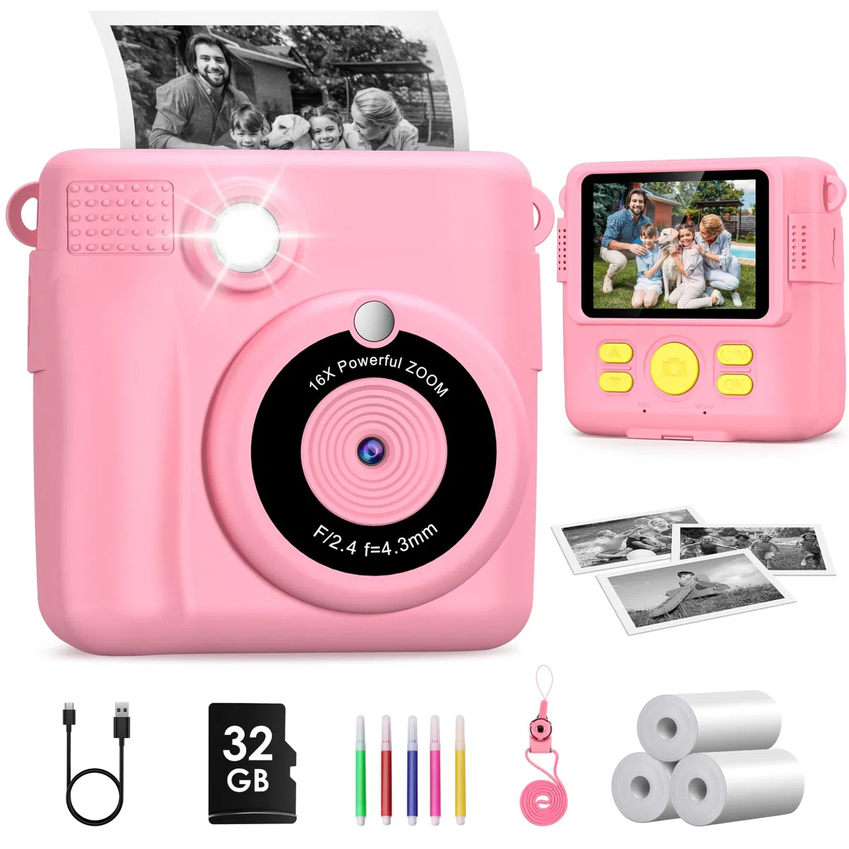 Camara Fotos Infantil Instantanea,GREENKINDER Camara Fotos Infantil,2.4" HD 1080P Cámara Instantánea para Niños con Tarjeta de 32GB,Bolígrafos de Colores y Papel de Impresión