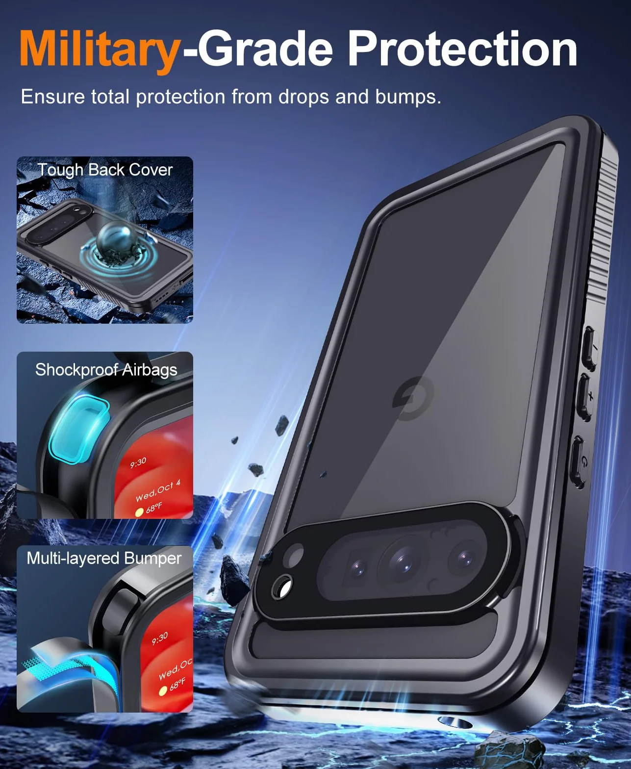 Beeasy Funda para Google Pixel 9 Pro Impermeable,360 Grados Antigolpes Militar Irrompible Resistente Acuatica Carcasa,IP68 Waterproof Case con Protector Camara/Pantalla para Pixel 9 Pro