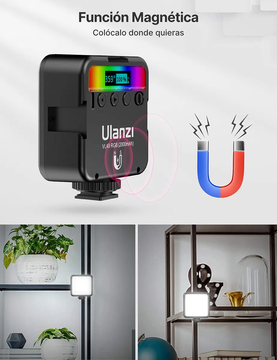 Luz de Relleno Led para Vídeo, Fotografia, ULANZI VL49 RGB, Ajustable 2500-9500K, 2000 mAh Incorporada Batería, Lámpara Iluminación Continua para DSRL Cámara