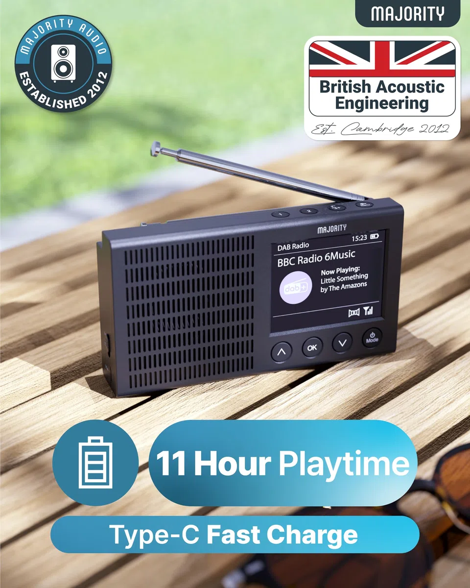 Radio Dab Plus Pequeña, Bluetooth Recargable Digitaradio, LCD, 40+ Presets, Reloj Despertador Doble, Radio Dab Plus, Digital, FM | MAJORITY Eddington Pequeña Radio